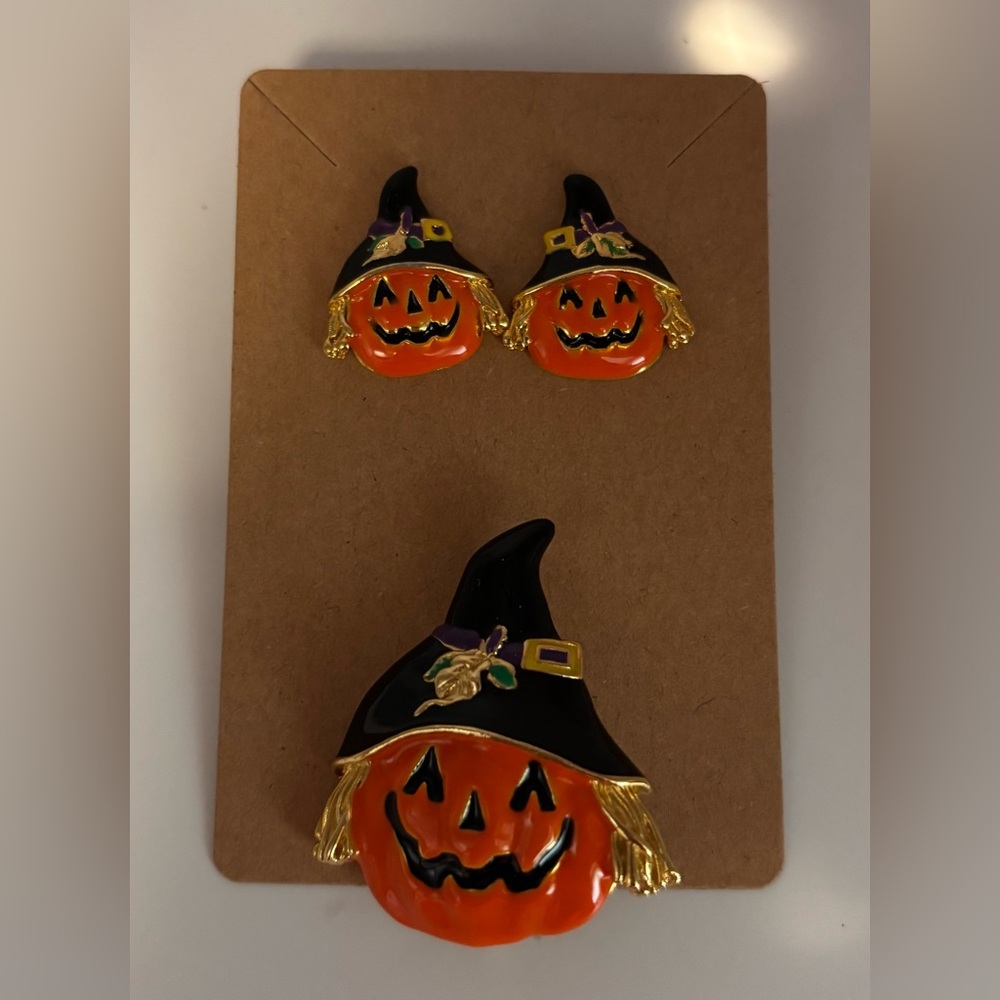 Pumpkin Witch Brooch and Earring Set